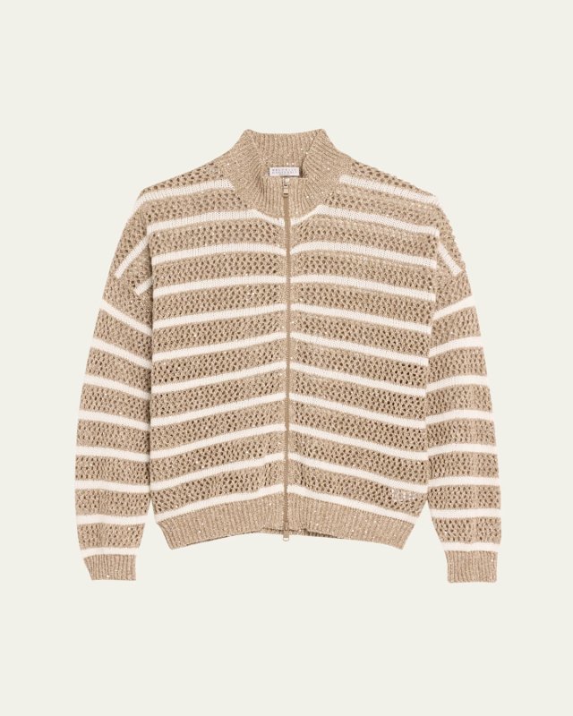 Linen French Riveria Paillette Knit Zip-Up Cardigan